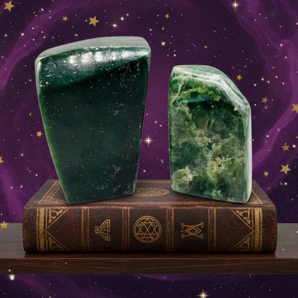 Exact green aventurine bookends with cosmic mystical styling and Witchy Like watermark