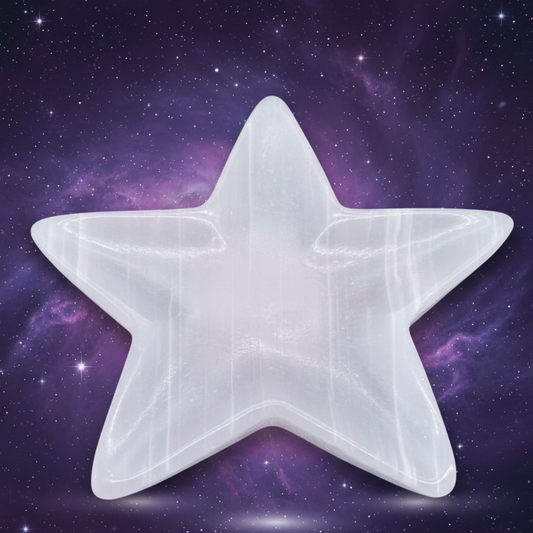 Exact white selenite star charging plate with cosmic mystical styling and Witchy Like watermark